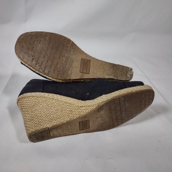 Toms Black Espadrille Wedge Heels Shoes Women's Size 8 Slip On Peep Toe - Picture 7 of 8
